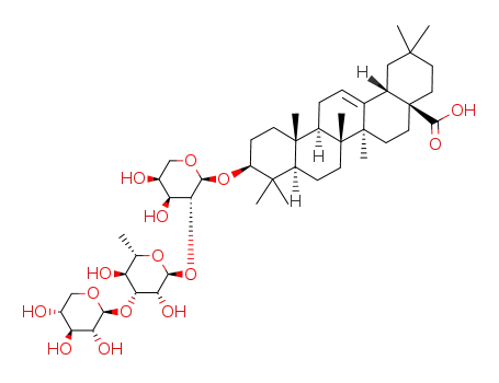 Molecular Structure of 96315-51-4 (Olean-12-en-28-oicacid, 3-[(O-b-D-ribopyranosyl-(1&reg;3)-O-6-deoxy-a-L-mannopyranosyl-(1&reg;2)-b-D-xylopyranosyl)oxy]-, (3b)- (9CI))
