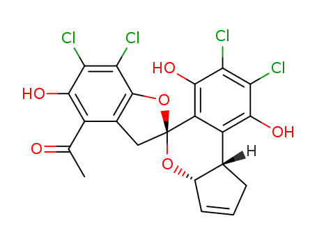 Molecular Structure of 79756-04-0 (4-acetyl-6,7,7',8'-tetrachloro-3'aR*,9'bR*-dihydro-5,6',9'-trihydroxy-spiro<3H-benzofuran-2S*,5'(1'H)-cyclopenta<c><2>benzopyran>)