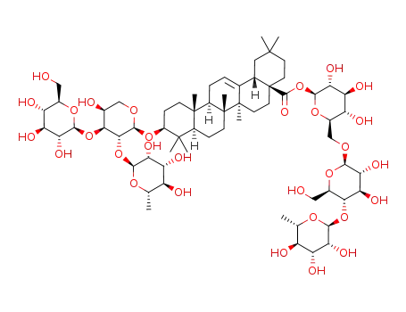 Molecular Structure of 121480-74-8 (kalopanax-saponin D (3-O-α-rhamnopyranosyl-(1->2)-<β-glucopyranosyl-(1->3)>-α-arabinopyranosyl oleanolic acid 28-O-α-rhamnopyranosyl-(1->4)-β-glucopyranosyl-(1->6)-β-glucopyranosyl ester)