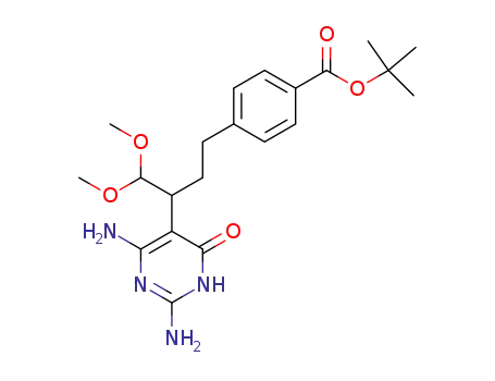 Molecular Structure of 146943-41-1 (4-[3-(2,4-Diamino-6-oxo-1,6-dihydro-pyrimidin-5-yl)-4,4-dimethoxy-butyl]-benzoic acid tert-butyl ester)