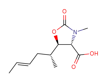 Molecular Structure of 81135-41-3 ((4S,5R)-3-N-methyl-5-<<(1R,3E)-1-methyl-3-penten>-1-yl>oxazolidin-2-one-4-carboxylic acid)