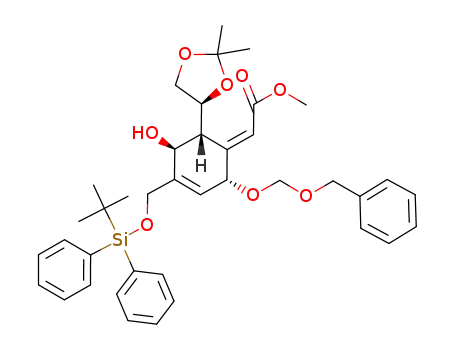 Molecular Structure of 588693-75-8 ([(2R,5S,6R)-2-Benzyloxymethoxy-4-(tert-butyl-diphenyl-silanyloxymethyl)-6-((S)-2,2-dimethyl-[1,3]dioxolan-4-yl)-5-hydroxy-cyclohex-3-en-(E)-ylidene]-acetic acid methyl ester)