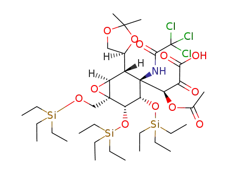 Molecular Structure of 794568-24-4 ((S)-3-Acetoxy-3-[(1S,2S,3S,4S,5S,6S)-2-((S)-2,2-dimethyl-[1,3]dioxolan-4-yl)-3-(2,2,2-trichloro-acetylamino)-4,5-bis-triethylsilanyloxy-6-triethylsilanyloxymethyl-7-oxa-bicyclo[4.1.0]hept-3-yl]-2-oxo-propionic acid)