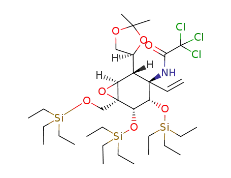 Molecular Structure of 947178-10-1 (2,2,2-Trichloro-N-[(1S,2S,3R,4S,5S,6S)-2-((S)-2,2-dimethyl-[1,3]dioxolan-4-yl)-4,5-bis-triethylsilanyloxy-6-triethylsilanyloxymethyl-3-vinyl-7-oxa-bicyclo[4.1.0]hept-3-yl]-acetamide)