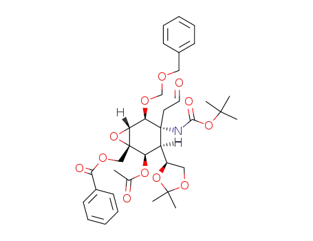 Molecular Structure of 588693-98-5 (Benzoic acid (1S,2R,3S,4R,5S,6R)-2-acetoxy-5-benzyloxymethoxy-4-tert-butoxycarbonylamino-3-((S)-2,2-dimethyl-[1,3]dioxolan-4-yl)-4-(2-oxo-ethyl)-7-oxa-bicyclo[4.1.0]hept-1-ylmethyl ester)