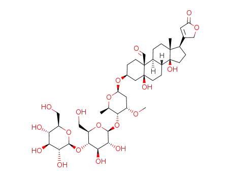 Molecular Structure of 18829-75-9 (Card-20(22)-enolide,3-[(O-â-Dglucopyranosyl-( 1f4)-O-â-D-glucopyranosyl- (1f4)-2,6-dideoxy-3-O-methyl-â-D-ribohexopyranosyl) oxy]-5,14-dihydroxy-19-oxo-,(3â,5â)- )