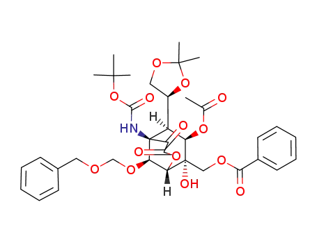 Molecular Structure of 588694-04-6 (Carbamic acid,
[(1S,5R,6S,7R,8S,9S)-7-(acetyloxy)-8-[(benzoyloxy)methyl]-6-[(4S)-2,2-
dimethyl-1,3-dioxolan-4-yl]-8-hydroxy-3,4-dioxo-9-[(phenylmethoxy)meth
oxy]-2-oxabicyclo[3.3.1]non-5-yl]-, 1,1-dimethylethyl ester)