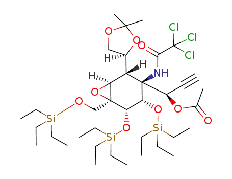 Molecular Structure of 794568-23-3 (Acetic acid (R)-1-[(1S,2S,3S,4S,5S,6S)-2-((S)-2,2-dimethyl-[1,3]dioxolan-4-yl)-3-(2,2,2-trichloro-acetylamino)-4,5-bis-triethylsilanyloxy-6-triethylsilanyloxymethyl-7-oxa-bicyclo[4.1.0]hept-3-yl]-prop-2-ynyl ester)