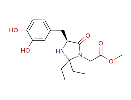 Molecular Structure of 1224436-00-3 ((S)-methyl 2-(4-(3,4-dihydroxybenzyl)-2,2-diethyl-5-oxoimidazolidin-1-yl)acetate)