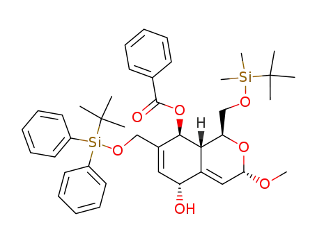 Molecular Structure of 588693-55-4 (benzoic acid 1-(<i>tert</i>-butyl-dimethyl-silanyloxymethyl)-7-(<i>tert</i>-butyl-diphenyl-silanyloxymethyl)-5-hydroxy-3-methoxy-3,5,8,8a-tetrahydro-1<i>H</i>-isochromen-8-yl ester)