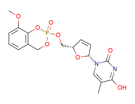 Molecular Structure of 201165-99-3 (1-[(2R,5S)-5-{[(8-methoxy-2-oxido-4H-1,3,2-benzodioxaphosphinin-2-yl)oxy]methyl}-2,5-dihydrofuran-2-yl]-5-methylpyrimidine-2,4(1H,3H)-dione)