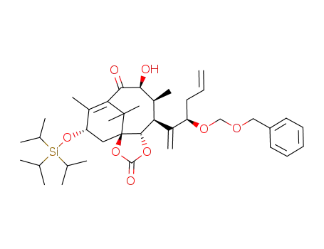 Molecular Structure of 187961-09-7 ((1S,5S,6S,7S,8S,12S)-6-((R)-2-Benzyloxymethoxy-1-methylene-pent-4-enyl)-8-hydroxy-7,11,14,14-tetramethyl-12-triisopropylsilanyloxy-2,4-dioxa-tricyclo[8.3.1.0<sup>1,5</sup>]tetradec-10-ene-3,9-dione)