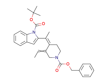 Molecular Structure of 261895-13-0 (phenylmethyl 4-({1-[(tert-butyl)oxycarbonyl]indol-2-yl}ethylidene)-3-ethylidenepiperidine-1-carboxylate)