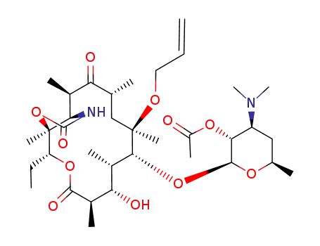 Molecular Structure of 205110-77-6 (acetic acid 2-(11-allyloxy-4-ethyl-8-hydroxy-3a,7,9,11,13,15-hexamethyl-2,6,14-trioxo-tetradecahydro-3,5-dioxa-1-aza-cyclopentacyclotetradecen-10-yloxy)-4-dimethylamino-6-methyl-tetrahydro-pyran-3-yl ester)