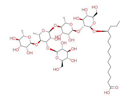 Molecular Structure of 1400908-78-2 ((S)-12-hydroxypentadecanoic acid 12-O-β-D-glucopyranosyl-(1->3)-O-[α-L-rhamnopyranosyl-(1->4)]-O-α-L-rhamnopyranosyl-(1->4)-O-α-L-rhamnopyranosyl-(1->2)-β-D-glucopyranoside)