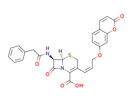 Molecular Structure of 609812-88-6 ((6R,7R)-8-Oxo-3-[(Z)-3-(2-oxo-2H-chromen-7-yloxy)-propenyl]-7-phenylacetylamino-5-thia-1-aza-bicyclo[4.2.0]oct-2-ene-2-carboxylic acid)