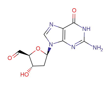 Molecular Structure of 85888-51-3 ((2S,3S,5R)-5-(2-amino-6-oxo-1H-purin-9(6H)-yl)-3-hydroxytetrahydrofuran-2-carbaldehyde)