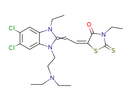 Molecular Structure of 28543-87-5 (5-[2-[5,6-dichloro-1-[2-(diethylamino)ethyl]-3-ethylbenzimidazolin-2-ylidene]ethylidene]-3-ethylrhodanine)