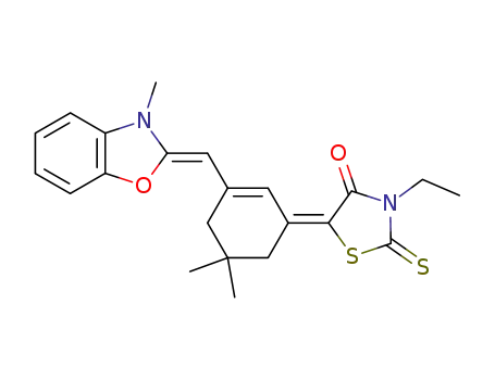 Molecular Structure of 94109-77-0 (5-[5,5-dimethyl-3-[(3-methyl-(3H)-benzoxazol-2-ylidene)methyl]cyclohex-2-en-1-ylidene]-3-ethyl-2-thioxothiazolidin-4-one)