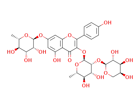 Molecular Structure of 1201171-06-3 (kaempferol 3-(2-O-α-L-arabinopyranosyl-α-L-rhamnopyranoside)-7-O-α-L-rhamnopyranoside)