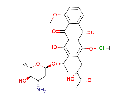 Molecular Structure of 56390-08-0 ((8S-cis)-8-Acetyl-10-[(3-amino-2,3,6-trideoxy-alpha-L-arabino-hexopyranosyl)oxy]-7,8,9,10-tetrahydro-6,8,11-trihydroxy-1-methoxynaphthacene-5,12-dione hydrochloride)