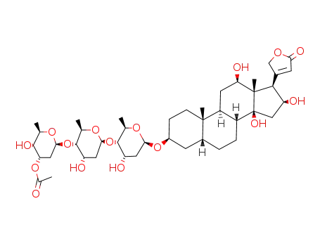 Molecular Structure of 62702-51-6 (3β-[[3]<i>O</i><sup>3</sup>-acetyl-<i>lin</i>-tri[1β]4]-D-<i>ribo</i>-2,6-dideoxy-hexopyranosyloxy]-12β,14,16β-trihydroxy-5β,14β-card-20(22)-enolide)