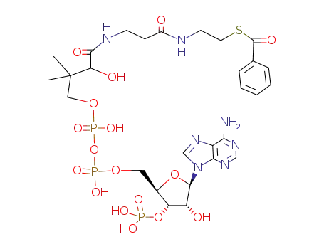 Molecular Structure of 25718-12-1 (S-{(9R)-1-[(2R,3S,4R)-5-(6-amino-9H-purin-9-yl)-4-hydroxy-3-(phosphonooxy)tetrahydrofuran-2-yl]-3,5,9-trihydroxy-8,8-dimethyl-3,5-dioxido-10,14-dioxo-2,4,6-trioxa-11,15-diaza-3lambda~5~,5lambda~5~-diphosphaheptadecan-17-yl} benzenecarbothioate (non-prefer)