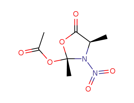 Molecular Structure of 130642-14-7 (Acetic acid (2R,4R)-2,4-dimethyl-3-nitro-5-oxo-oxazolidin-2-yl ester)
