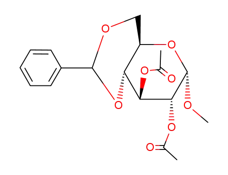 Molecular Structure of 4141-45-1 (Methyl-4,6-di-O-benzylidene-2,3-di-O-acetyl-α-D-glucopyranoside)