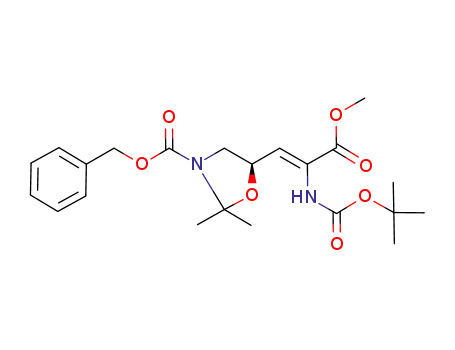 Molecular Structure of 135638-41-4 ((R)-3-benzyloxycarbonyl-5-<(Z)-2-(tert-butoxycarbonylamino)-2-(methoxycarbonyl)vinyl>-2,2-dimethyl-1,3-oxazolidine)