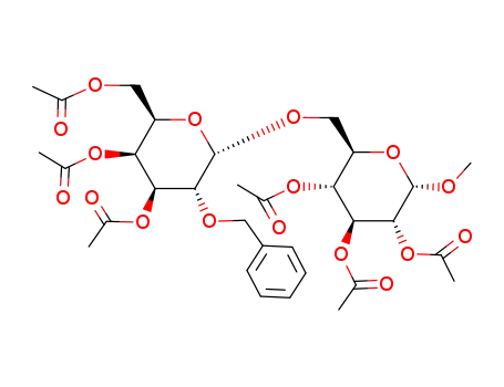Molecular Structure of 130052-62-9 (methyl 2,3,4-tri-O-acetyl-6-O-(3,4,6-tri-O-acetyl-2-O-benzyl-α-D-galactopyranosyl)-α-D-glucopyranoside)
