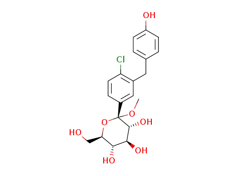 Molecular Structure of 1204220-63-2 ((2S,3R,4S,5S,6R)-2-(4-chloro-3-(4-hydroxybenzyl)phenyl)-6-(hydroxymethyl)-2-methoxytetrahydro-2H-pyran-3,4,5-triol)