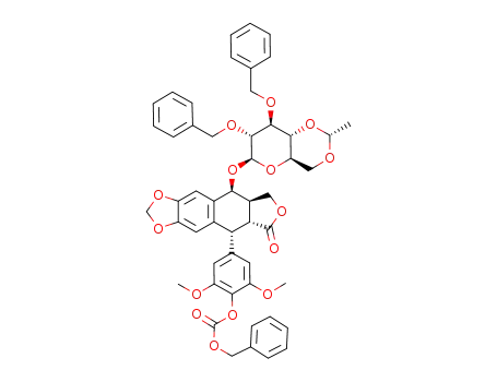 Molecular Structure of 270928-23-9 (Carbonic acid benzyl ester 4-[(5R,5aR,8aR,9S)-9-((2R,4aR,6R,7R,8S,8aR)-7,8-bis-benzyloxy-2-methyl-hexahydro-pyrano[3,2-d][1,3]dioxin-6-yloxy)-6-oxo-5,5a,6,8,8a,9-hexahydro-furo[3',4':6,7]naphtho[2,3-d][1,3]dioxol-5-yl]-2,6-dimethoxy-phenyl ester)