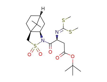 Molecular Structure of 127556-07-4 ((2R)-N-<(2S)-2-<<bis(methylthio)methylidene>amino>-3-<(tert-butyl)oxycarbonyl>propan-1-oyl>bornane-10,2-sultam)