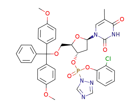 Molecular Structure of 76958-58-2 ([1,2,4]Triazol-1-yl-phosphonic acid (2R,3S,5R)-2-[bis-(4-methoxy-phenyl)-phenyl-methoxymethyl]-5-(5-methyl-2,4-dioxo-3,4-dihydro-2H-pyrimidin-1-yl)-tetrahydro-furan-3-yl ester 2-chloro-phenyl ester)