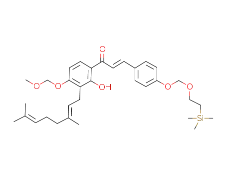 Molecular Structure of 1229515-77-8 ((2E)-1-[3-geranyl-2-hydroxy-4-(methoxymethoxy)phenyl]-3-{4-{[2-(trimethylsilyl)ethoxy]methoxy}-phenyl}prop-2-en-1-one)