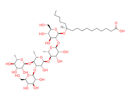 Molecular Structure of 126572-20-1 (Hexadecanoic acid,11-[(O-6-deoxy-a-L-mannopyranosyl-(1®4)-O-[b-D-glucopyranosyl-(1®3)]-O-6-deoxy-a-L-mannopyranosyl-(1®4)-O-6-deoxy-a-L-mannopyranosyl-(1®2)-b-D-glucopyranosyl)oxy]-, (11S)-)