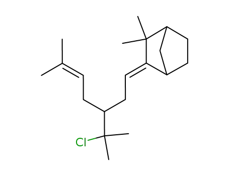 Molecular Structure of 116877-33-9 (5-(1-chloro-1-methyl-ethyl)-2-methyl-7-(3',3'-dimethylbicyclo<2.2.1>hept-2-ylidene)hept-2-ene)