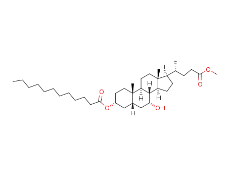 Molecular Structure of 186649-59-2 (Dodecanoic acid (3R,5R,7R,8R,9S,10S,13R,14S,17R)-7-hydroxy-17-((R)-3-methoxycarbonyl-1-methyl-propyl)-10,13-dimethyl-hexadecahydro-cyclopenta[a]phenanthren-3-yl ester)