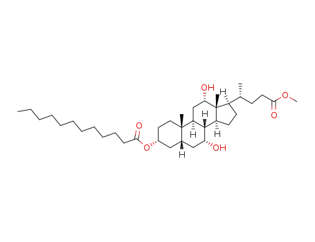 Molecular Structure of 151112-03-7 (Dodecanoic acid (3R,5R,7R,8R,9S,10S,12S,13R,14S,17R)-7,12-dihydroxy-17-((R)-3-methoxycarbonyl-1-methyl-propyl)-10,13-dimethyl-hexadecahydro-cyclopenta[a]phenanthren-3-yl ester)