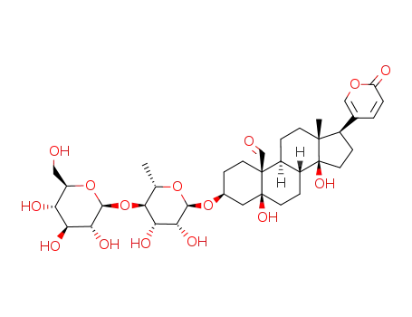 Molecular Structure of 28518-57-2 ((3S,5S,10S,13R,14S,17S)-3-[(2S,3S,4S,5R,6S)-3,4-dihydroxy-6-(hydroxymethyl)-5-[(2S,3R,4S,5R,6R)-3,4,5-trihydroxy-6-methyl-oxan-2-yl]oxy-oxan-2-yl]oxy-5,14-dihydroxy-13-methyl-17-(6-oxopyran-3-yl)-2,3,4,6,7,8,9,11,12,15,16,17-dodecahydro-1H-cyclopenta[a]phenanthrene-10-carbaldehyde)