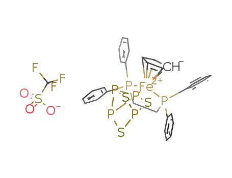 Molecular Structure of 1221971-68-1 ([(η5-C5H5)Fe(1,2-(diphenylphosphino)ethane)(η1-P(basal)-tetraphosphorus trisulfide)] triflate)