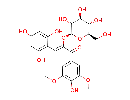 Molecular Structure of 109717-92-2 ((Z)-1-(4-Hydroxy-3,5-dimethoxy-phenyl)-2-((2S,3R,4S,5S,6R)-3,4,5-trihydroxy-6-hydroxymethyl-tetrahydro-pyran-2-yloxy)-3-(2,4,6-trihydroxy-phenyl)-propenone)
