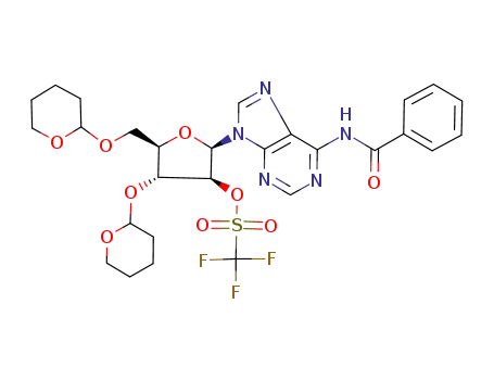 Molecular Structure of 136834-19-0 (N<sup>6</sup>-benzoyl-9-<2-O-(trifluoromethylsulfonyl)-3,5-di-O-tetrahydropyran-2-yl-β-D-arabinofuranosyl>adenine)