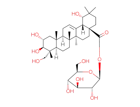 Molecular Structure of 62319-70-4 (2α,3β,19α,23-Tetrahydroxyolean-12-en-28-oic acid β-D-glucopyranosyl ester)