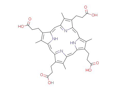 Molecular Structure of 531-14-6 (3,8,13,18-tetramethyl-21H,23H-porphine-2,7,12,17-tetrapropionic acid)