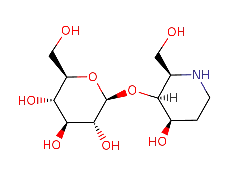 Molecular Structure of 104958-79-4 (1,2,5-trideoxy-4-O-(β-D-glucopyranosyl)-1,5-imino-D-arabinohexitol)