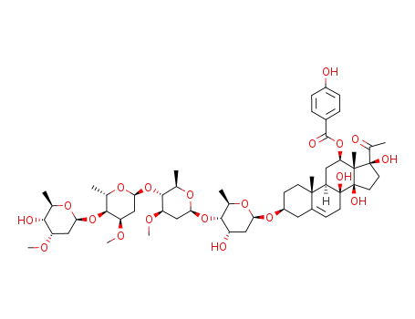 Molecular Structure of 1206547-25-2 ((3β,12β,14β,17α)-3-{[2,6-dideoxy-3-O-methyl-β-D-ribo-hexopyranosyl-(1->4)-2,6-dideoxy-3-O-methyl-α-L-ribo-hexopyranosyl-(1->4)-2,6-dideoxy-3-O-methyl-β-D-arabino-hexopyranosyl-(1->4)-2,6-dideoxy-β-D-ribo-hexopyranosyl]oxy}-8,14,17-trihydroxy-20-oxopregn-5-en-12-yl 4-hydroxybenzoate)