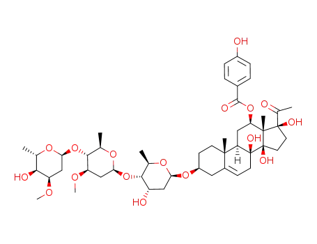 Molecular Structure of 1206547-24-1 ((3β,12β,14β,17α)-3-{[2,6-dideoxy-3-O-methyl-α-L-ribo-hexopyranosyl-(1->4)-2,6-dideoxy-3-O-methyl-β-D-arabino-hexopyranosyl-(1->4)-2,6-dideoxy-β-D-ribo-hexopyranosyl]oxy}-8,14,17-trihydroxy-20-oxopregn-5-en-12-yl 4-hydroxybenzoate)