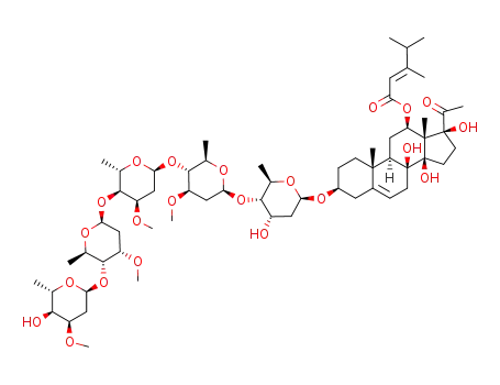 Molecular Structure of 1206547-27-4 ((3β,12β,14β,17α)-3-{[2,6-dideoxy-3-O-methyl-α-L-ribo-hexopyranosyl-(1->4)-2,6-dideoxy-3-O-methyl-β-D-ribo-hexopyranosyl-(1->4)-2,6-dideoxy-3-O-methyl-α-L-ribo-hexopyranosyl-(1->4)-2,6-dideoxy-3-O-methyl-β-D-arabino-hexopyranosyl-(1->4)-2,6-dideoxy-β-D-ribo-hexopyranosyl]oxy}-8,14,17-trihydroxy-20-oxopregn-5-en-12-yl (2E)-3,4-dimethylpent-2-enoate)